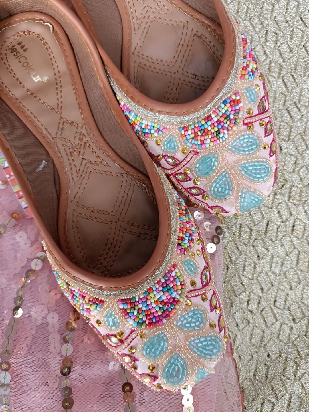 Desi Colour Women Indian Ethnic Footwear-Peach Multi Pearl - Distacart