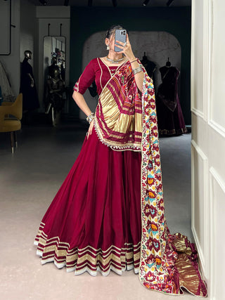 Lorenvalley Fashion Maroon Silk Georgette Lace Touch Up Lehenga Choli with Dupatta