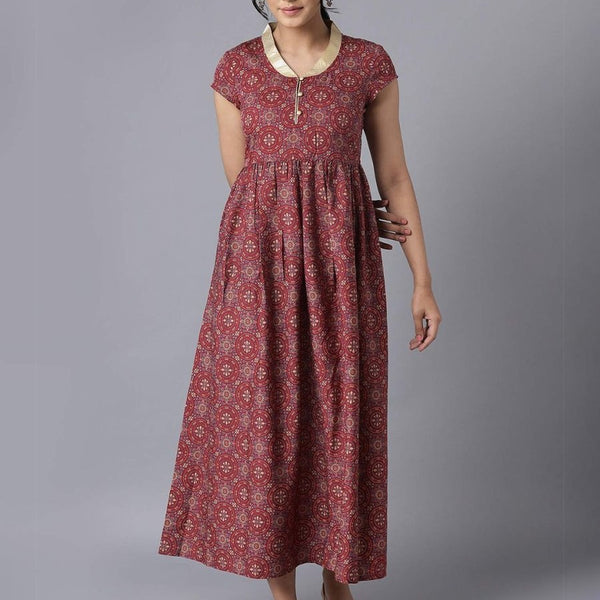 AURELIA Maroon & Cream-Coloured Ethnic Motifs Ethnic Maxi Dress - Distacart