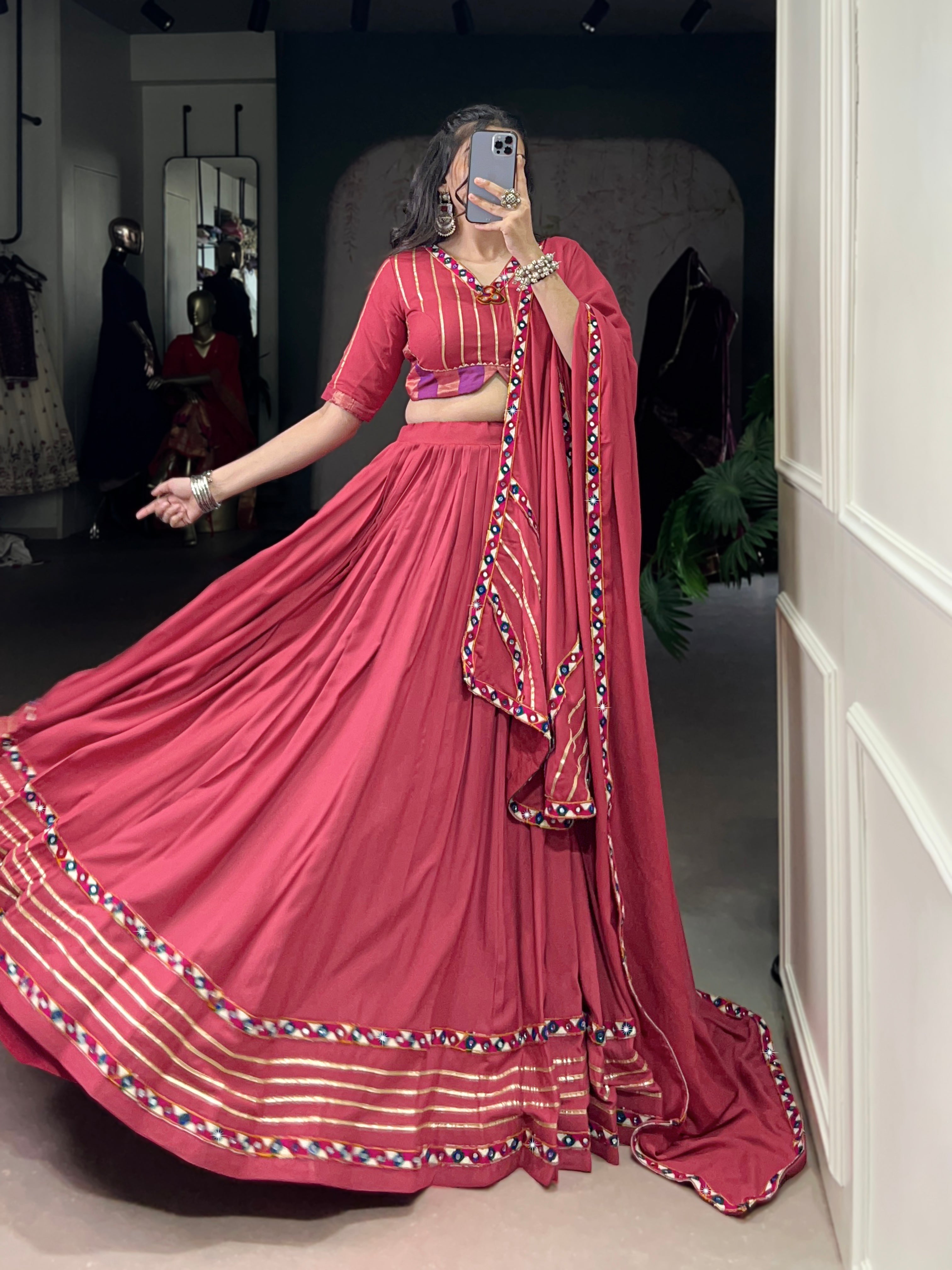 Lorenvalley Fashion Darkpink Pure Rayon Original Mirror Gamthi Work With Gotta Patti Lace Touch Up Lehenga Choli with Dupatta