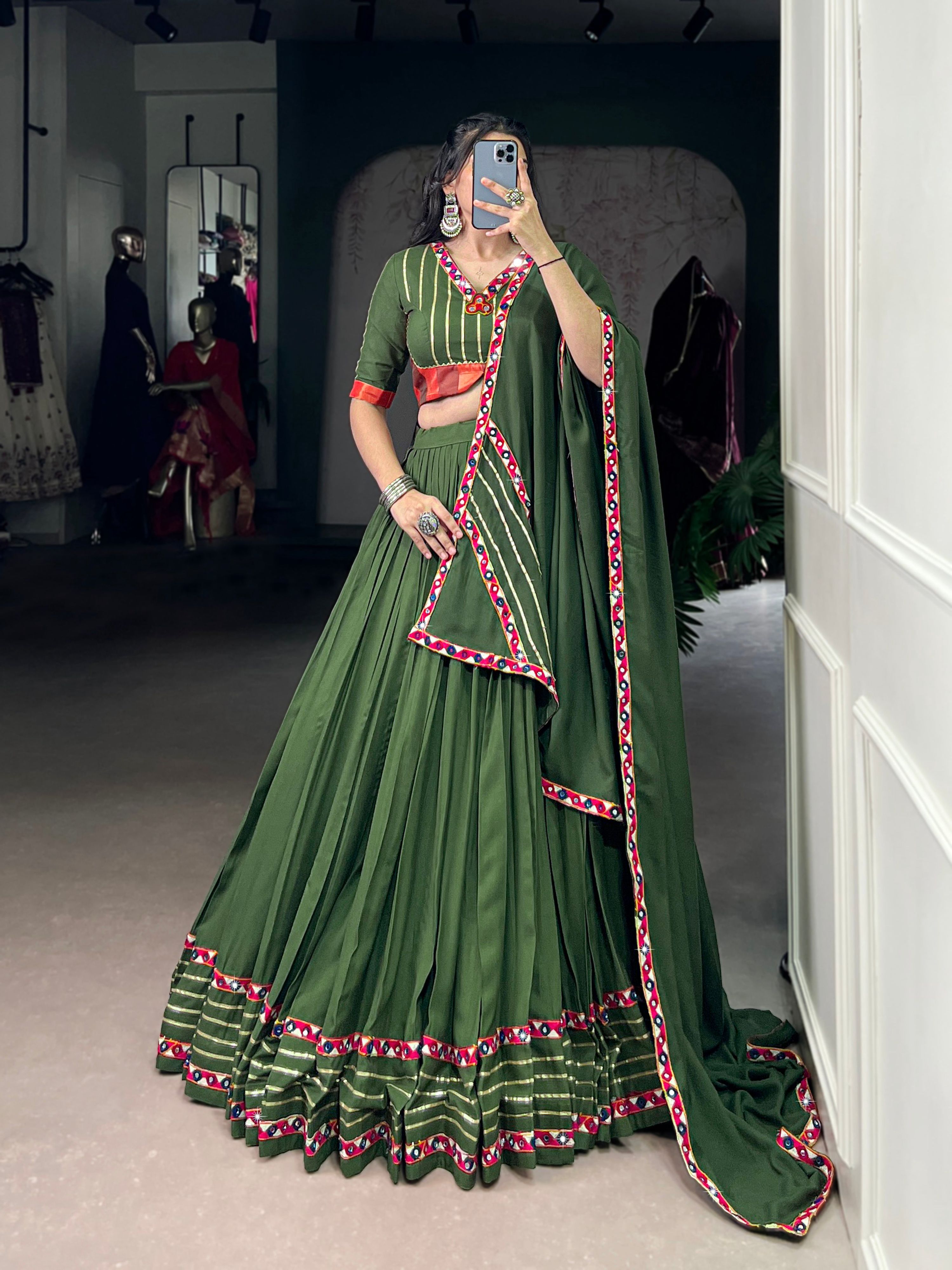 Lorenvalley Fashion Mahendi Pure Rayon Original Mirror Gamthi Work With Gotta Patti Lace Touch Up Lehenga Choli with Dupatta - Distacart