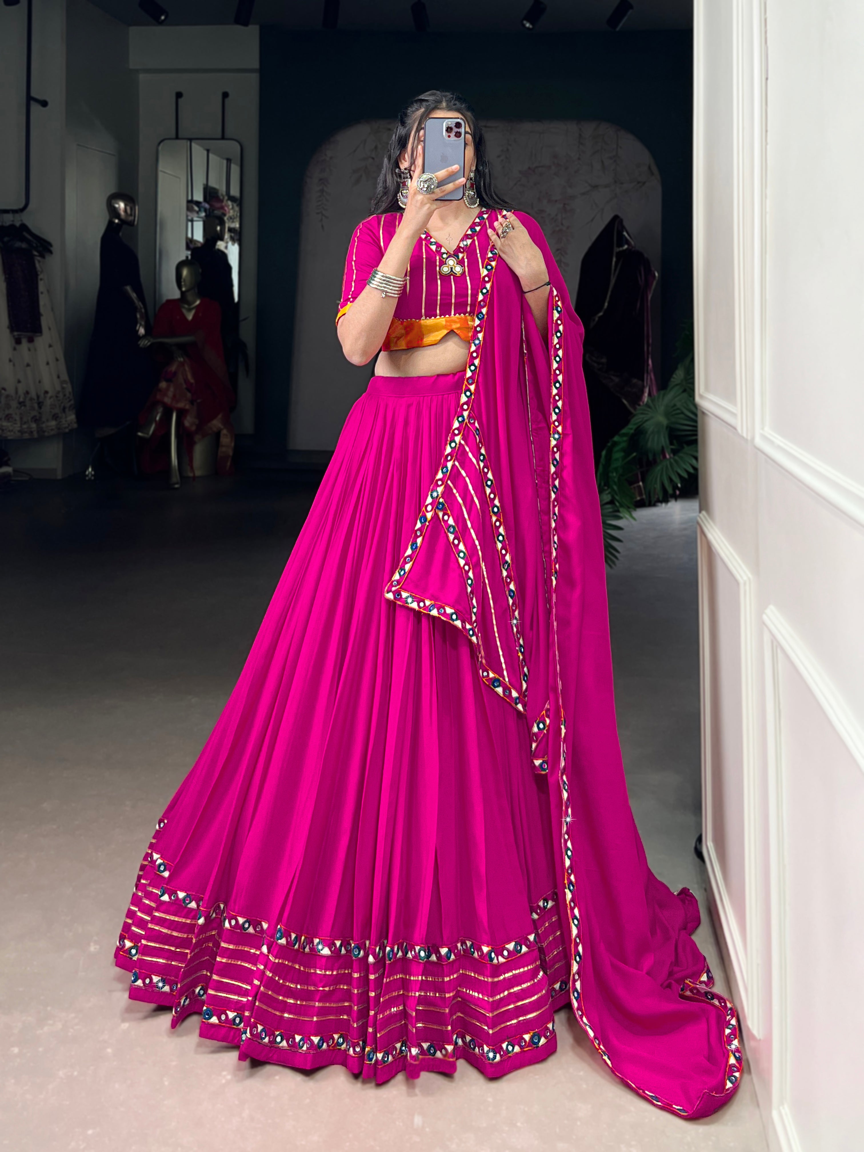 Lorenvalley Fashion Pink Pure Rayon Original Mirror Gamthi Work With Gotta Patti Lace Touch Up Lehenga Choli with Dupatta