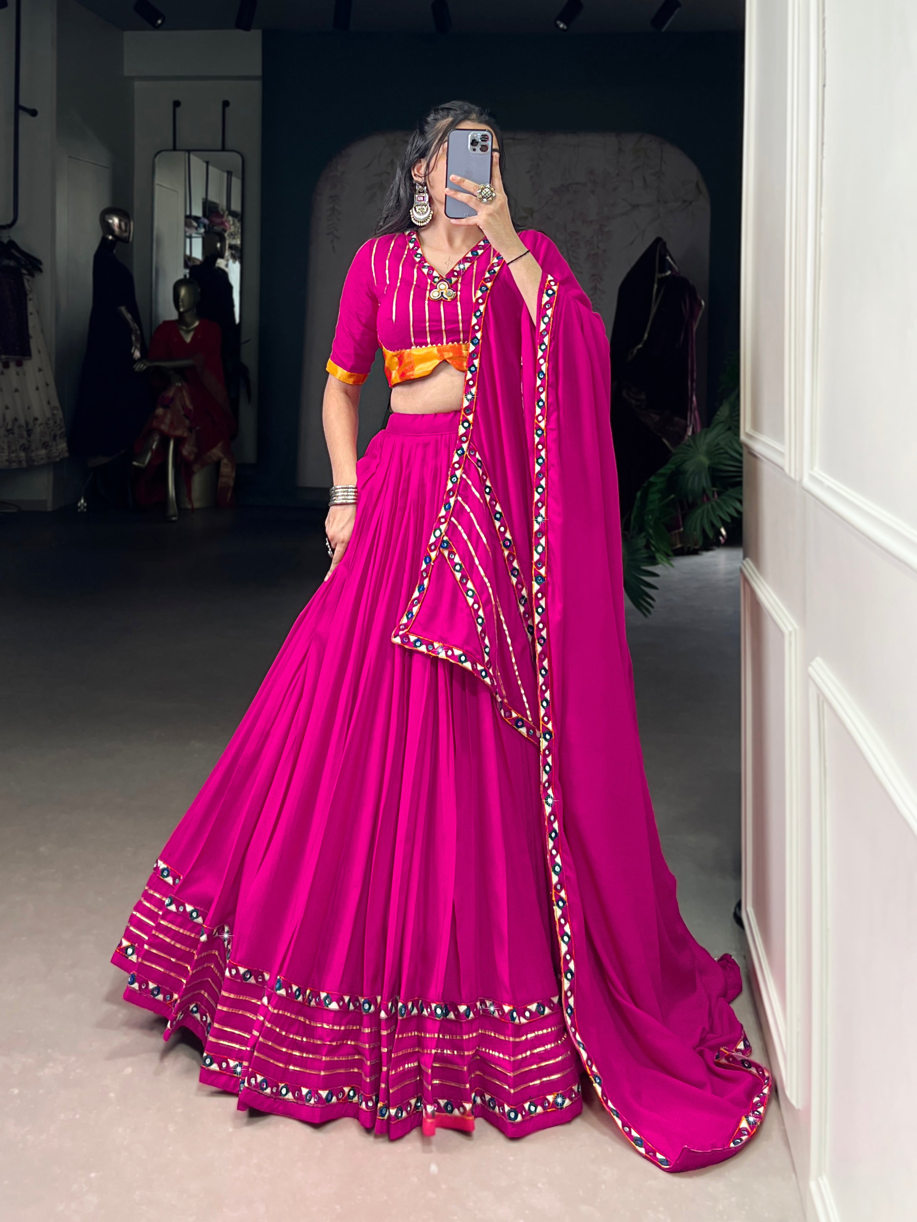 Lorenvalley Fashion Pink Pure Rayon Original Mirror Gamthi Work With Gotta Patti Lace Touch Up Lehenga Choli with Dupatta