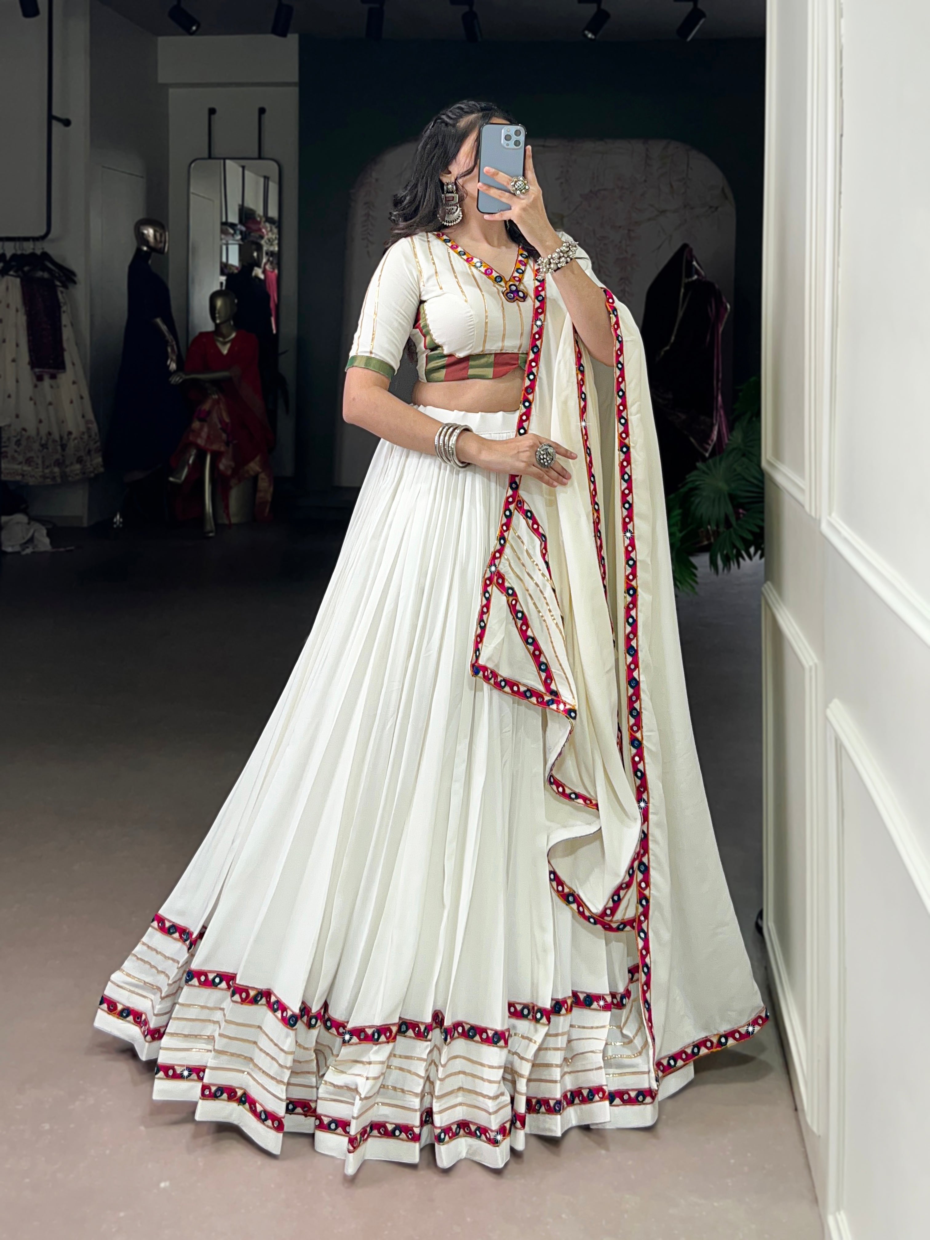 Lorenvalley Fashion White Pure Rayon Original Mirror Gamthi Work With Gotta Patti Lace Touch Up Lehenga Choli with Dupatta - Distacart