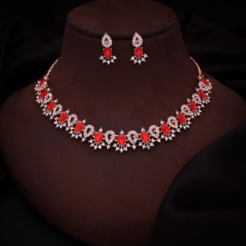 Tehzeeb Creations Red Colour Ad Studded Necklace Jewellery Set With Matching Earrings For Women And Girls - Distacart