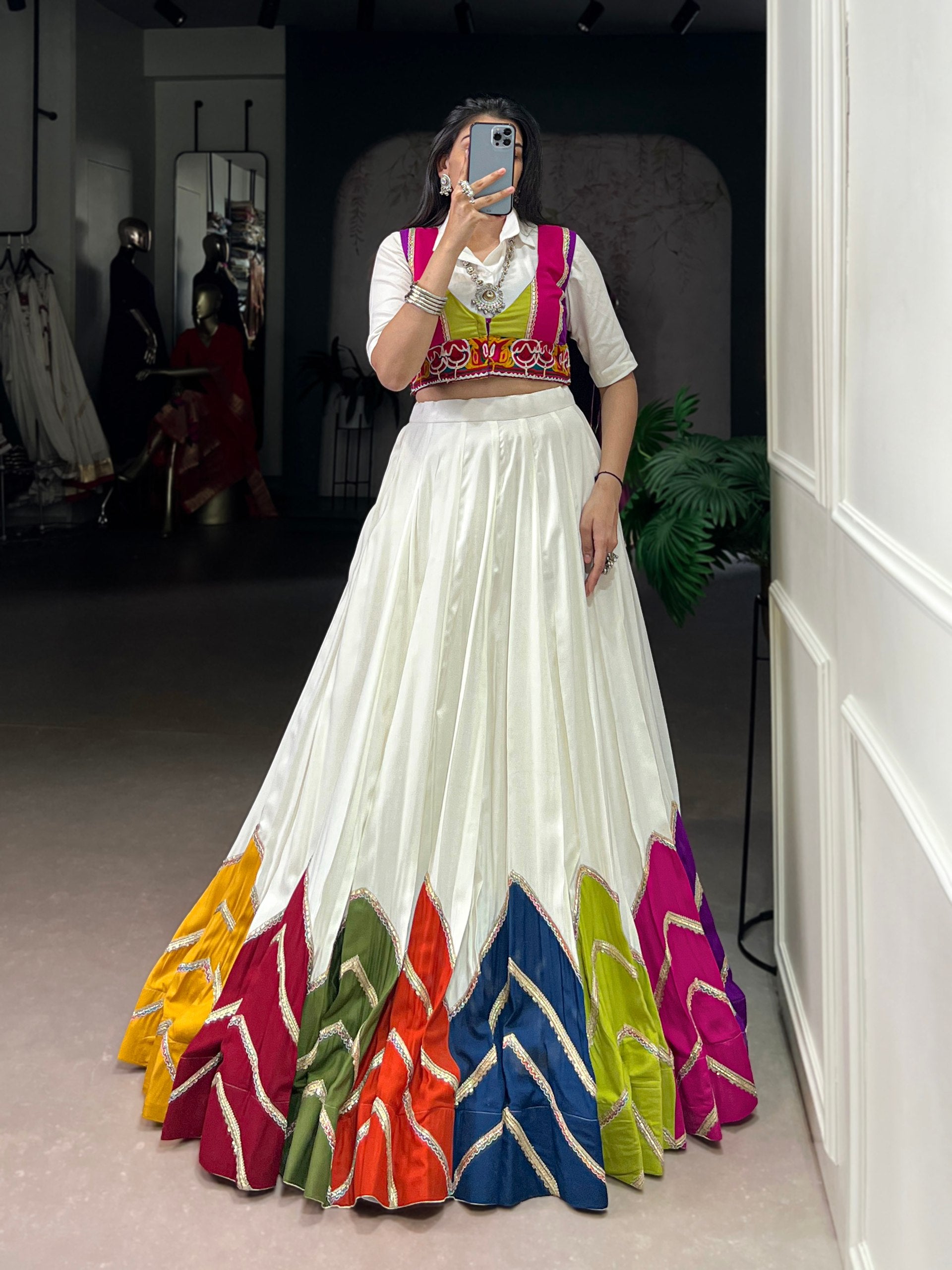 Lorenvalley Fashion White Rayon Multi Colour Patch With Lace Touch Up Lehenga Choli with Koti