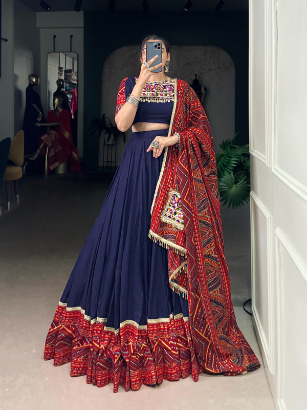 Lorenvalley Fashion Navyblue Pure Rayon Bandhej Print and Foil Work with Lace Touch Up Lehenga Choli with Dupatta