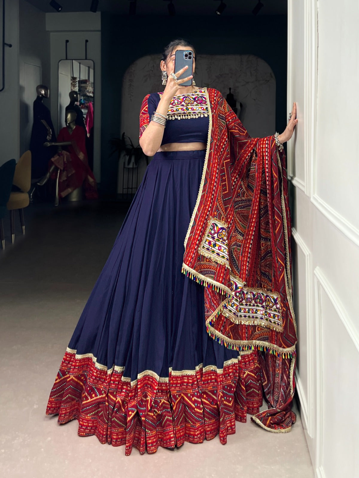 Lorenvalley Fashion Navyblue Pure Rayon Bandhej Print and Foil Work with Lace Touch Up Lehenga Choli with Dupatta