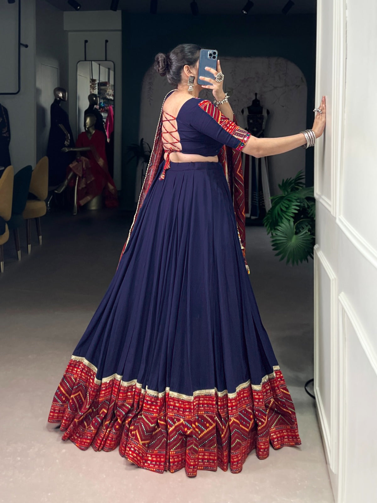 Lorenvalley Fashion Navyblue Pure Rayon Bandhej Print and Foil Work with Lace Touch Up Lehenga Choli with Dupatta