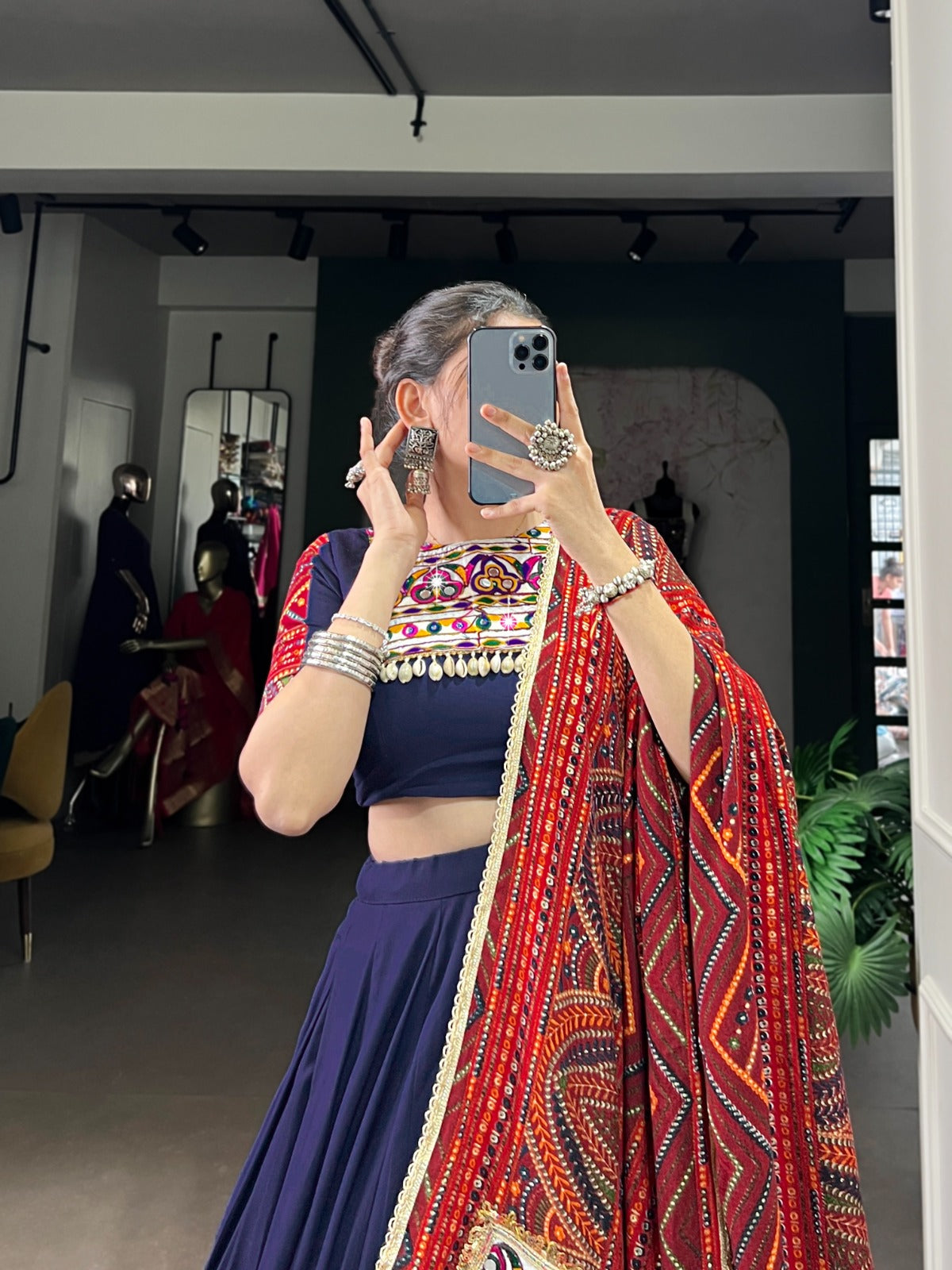 Lorenvalley Fashion Navyblue Pure Rayon Bandhej Print and Foil Work with Lace Touch Up Lehenga Choli with Dupatta