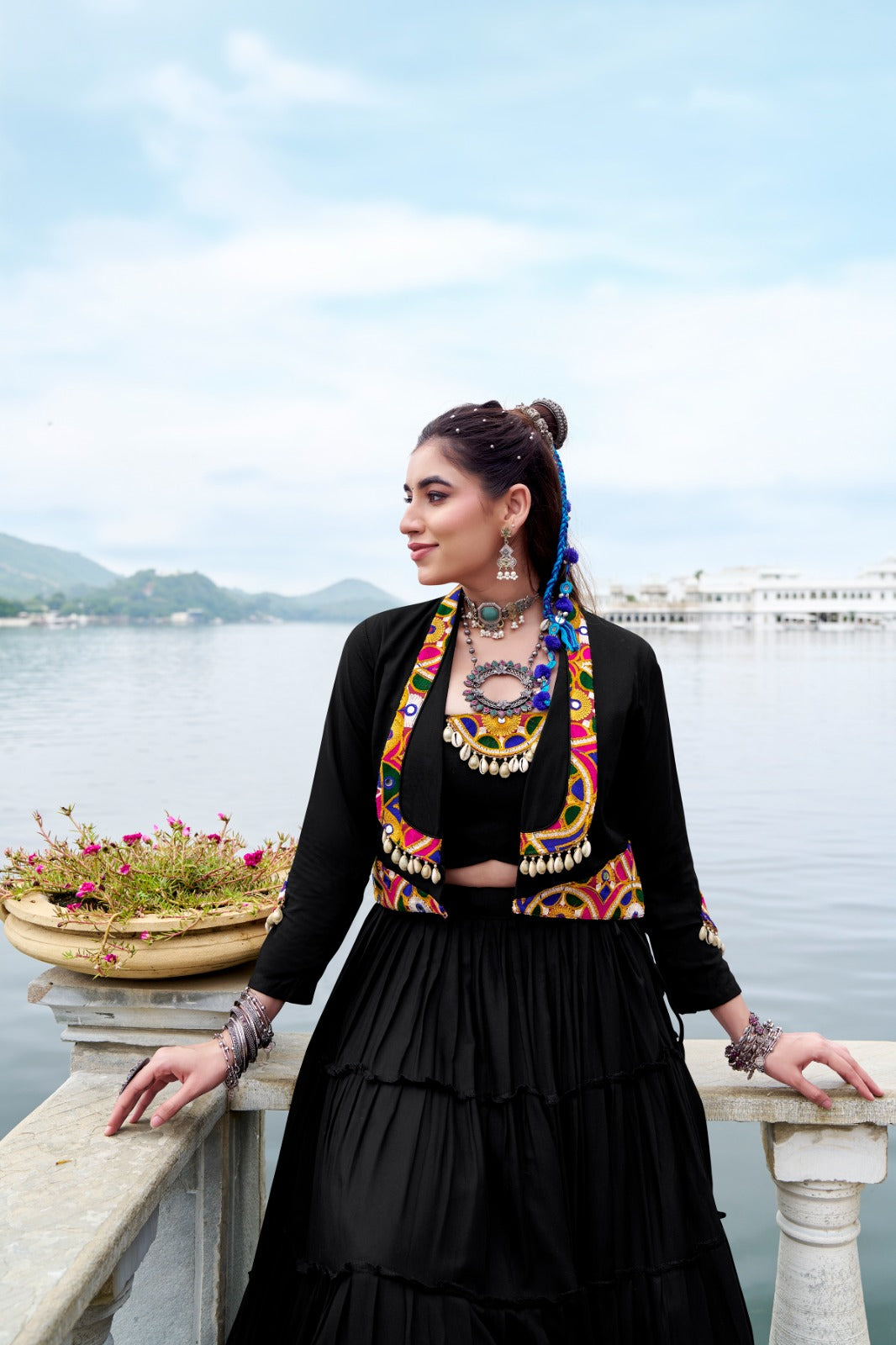 Lorenvalley Fashion Black Pure Rayon Plain Frill Lehenga Choli with Koti