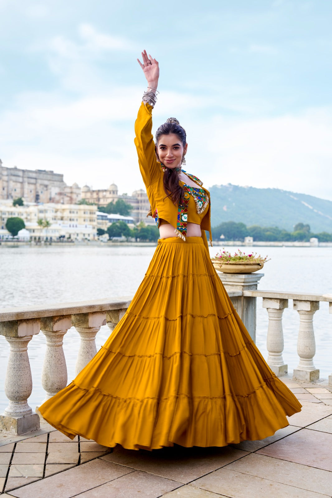 Lorenvalley Fashion Mustard Pure Rayon Plain Frill Lehenga Choli with Koti