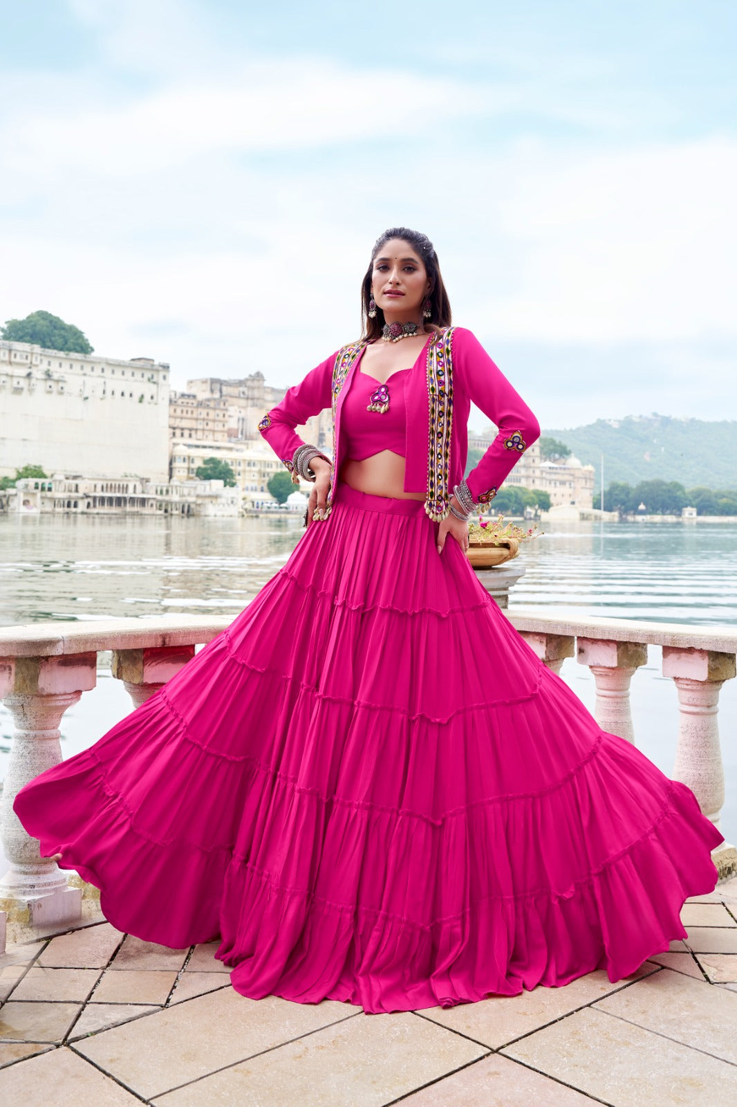 Lorenvalley Fashion Pink Pure Rayon Plain Frill Lehenga Choli with Koti