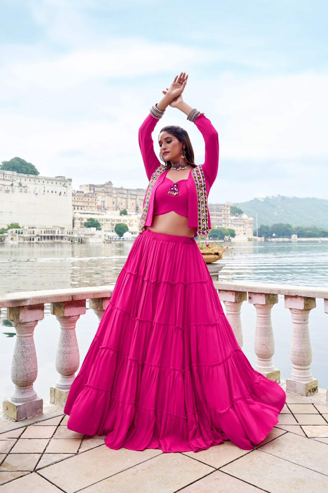 Lorenvalley Fashion Pink Pure Rayon Plain Frill Lehenga Choli with Koti