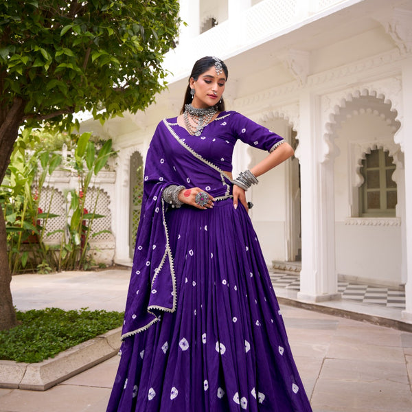 Lorenvalley Fashion Purple Pure Chanderi Bandhej Print With Lace Touch Up Lehenga Choli with Dupatta - Distacart