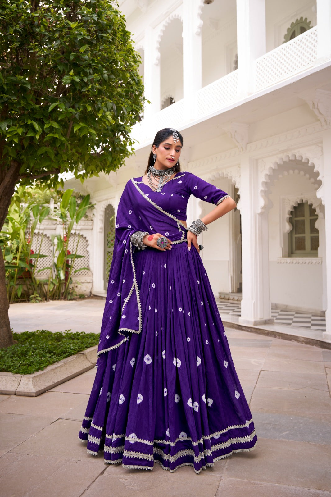 Lorenvalley Fashion Purple Pure Chanderi Bandhej Print With Lace Touch Up Lehenga Choli with Dupatta - Distacart
