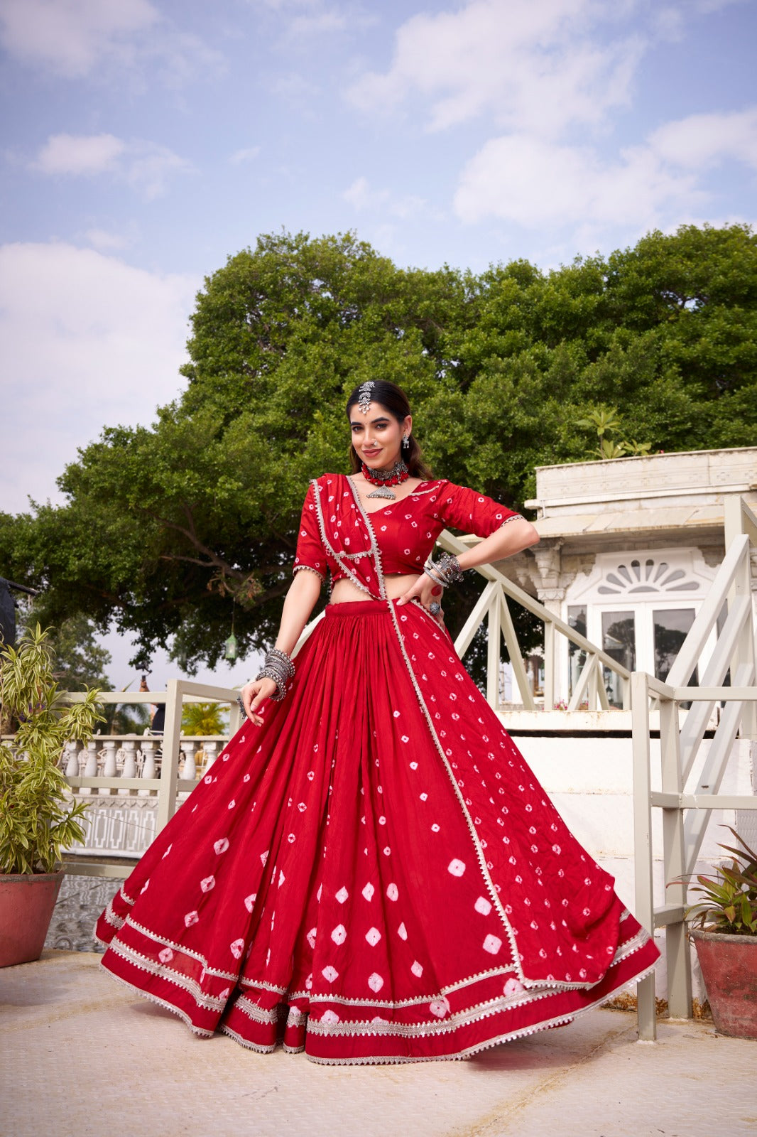 Lorenvalley Fashion Red Pure Chanderi Bandhej Print With Lace Touch Up Lehenga Choli with Dupatta