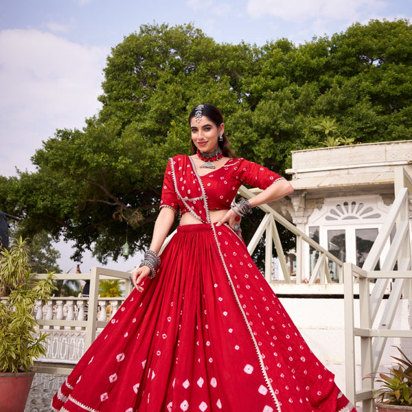 Lorenvalley Fashion Red Pure Chanderi Bandhej Print With Lace Touch Up Lehenga Choli with Dupatta - Distacart