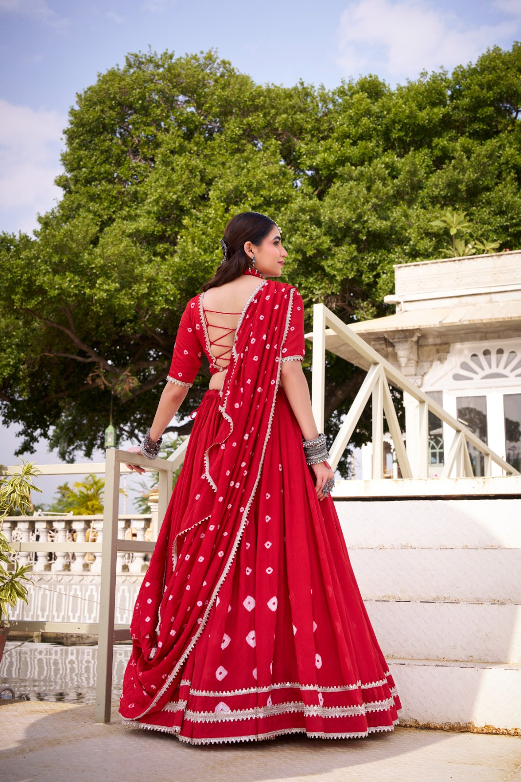 Lorenvalley Fashion Red Pure Chanderi Bandhej Print With Lace Touch Up Lehenga Choli with Dupatta