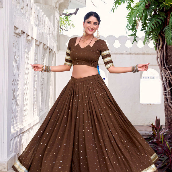 Lorenvalley Fashion Brown Pure Chanderi Zari Weaving Work With Embossed Design Lace Touch Up Lehenga Choli with Dupatta - Distacart
