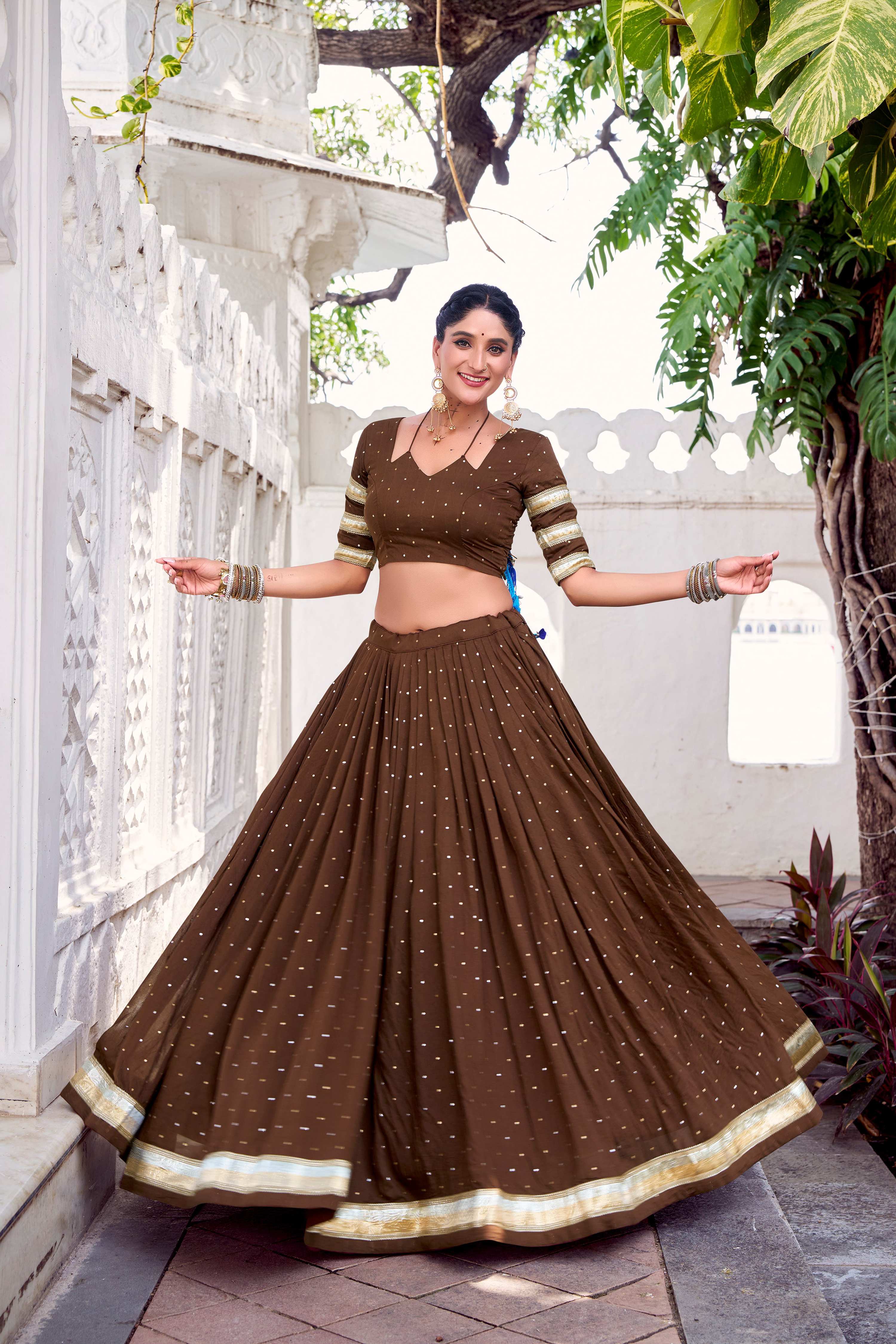 Lorenvalley Fashion Brown Pure Chanderi Zari Weaving Work With Embossed Design Lace Touch Up Lehenga Choli with Dupatta - Distacart
