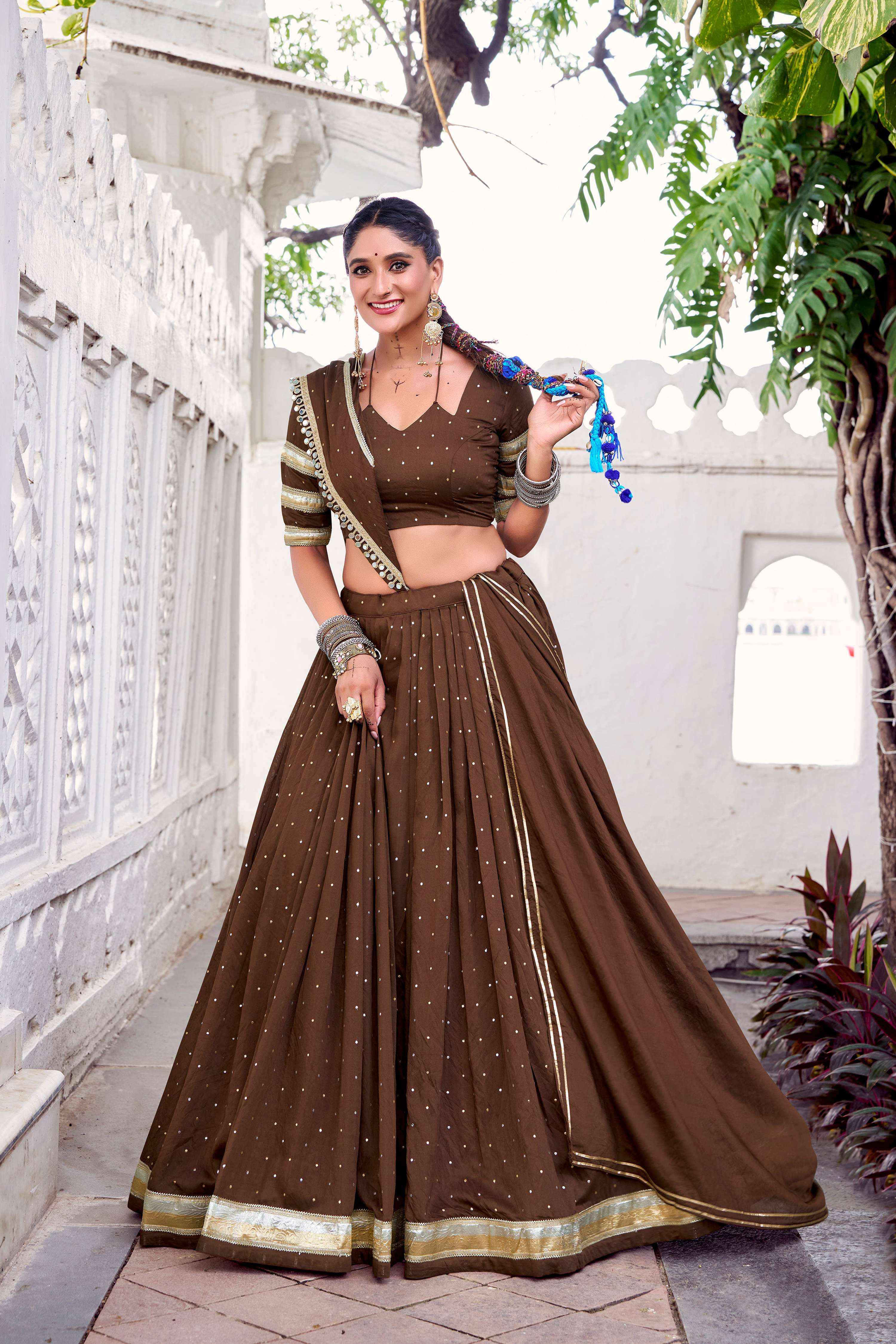 Lorenvalley Fashion Brown Pure Chanderi Zari Weaving Work With Embossed Design Lace Touch Up Lehenga Choli with Dupatta