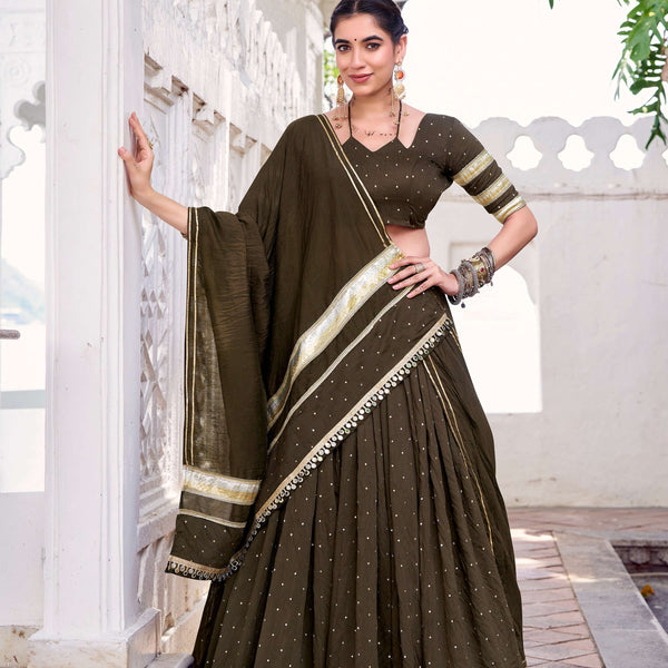Lorenvalley Fashion Mahendi Pure Chanderi Zari Weaving Work With Embossed Design Lace Touch Up Lehenga Choli with Dupatta - Distacart