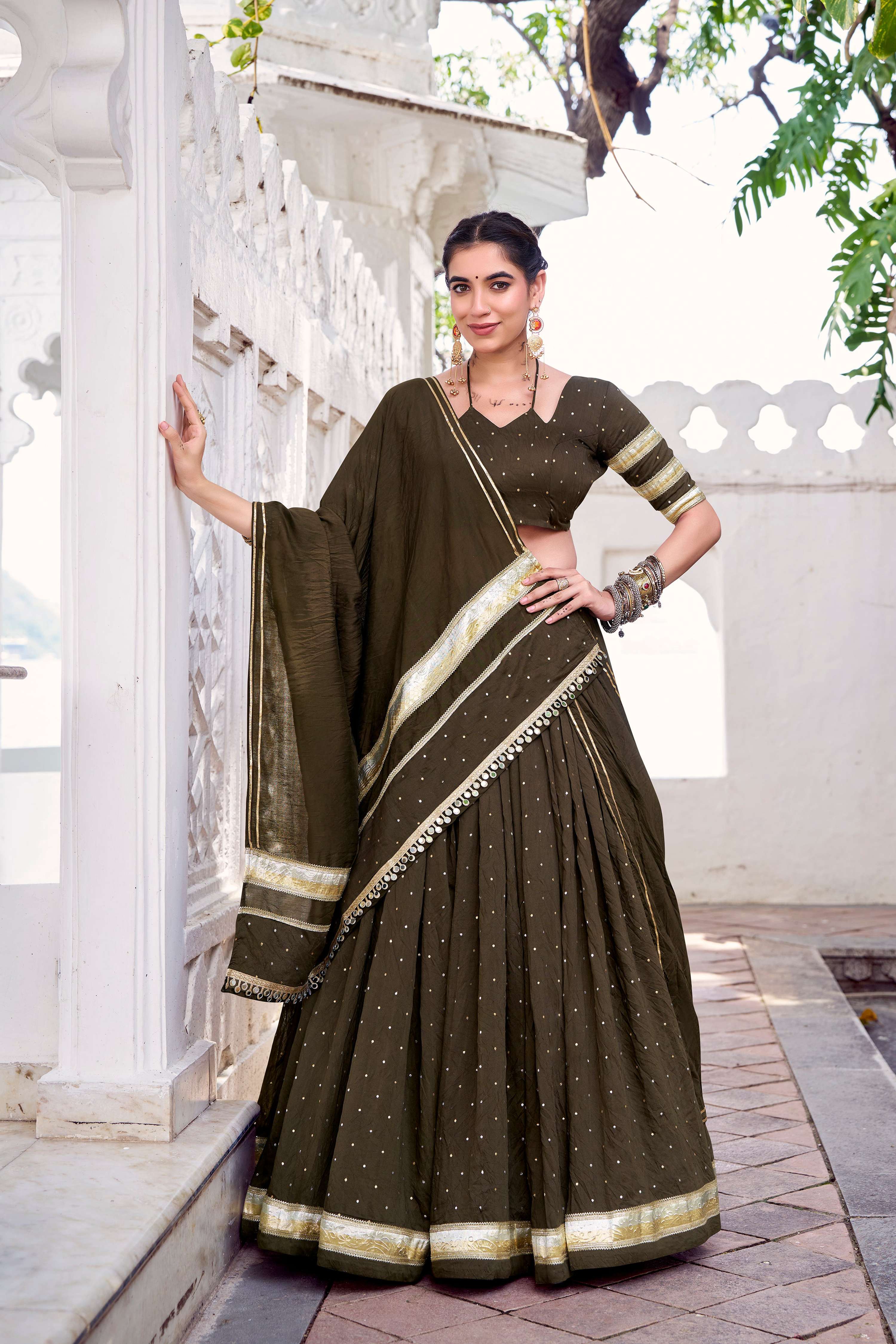 Lorenvalley Fashion Mahendi Pure Chanderi Zari Weaving Work With Embossed Design Lace Touch Up Lehenga Choli with Dupatta - Distacart