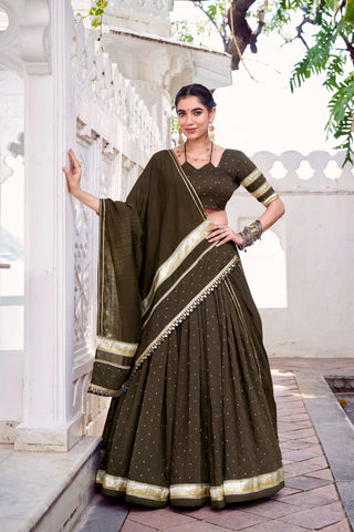 Lorenvalley Fashion Mahendi Pure Chanderi Zari Weaving Work With Embossed Design Lace Touch Up Lehenga Choli with Dupatta