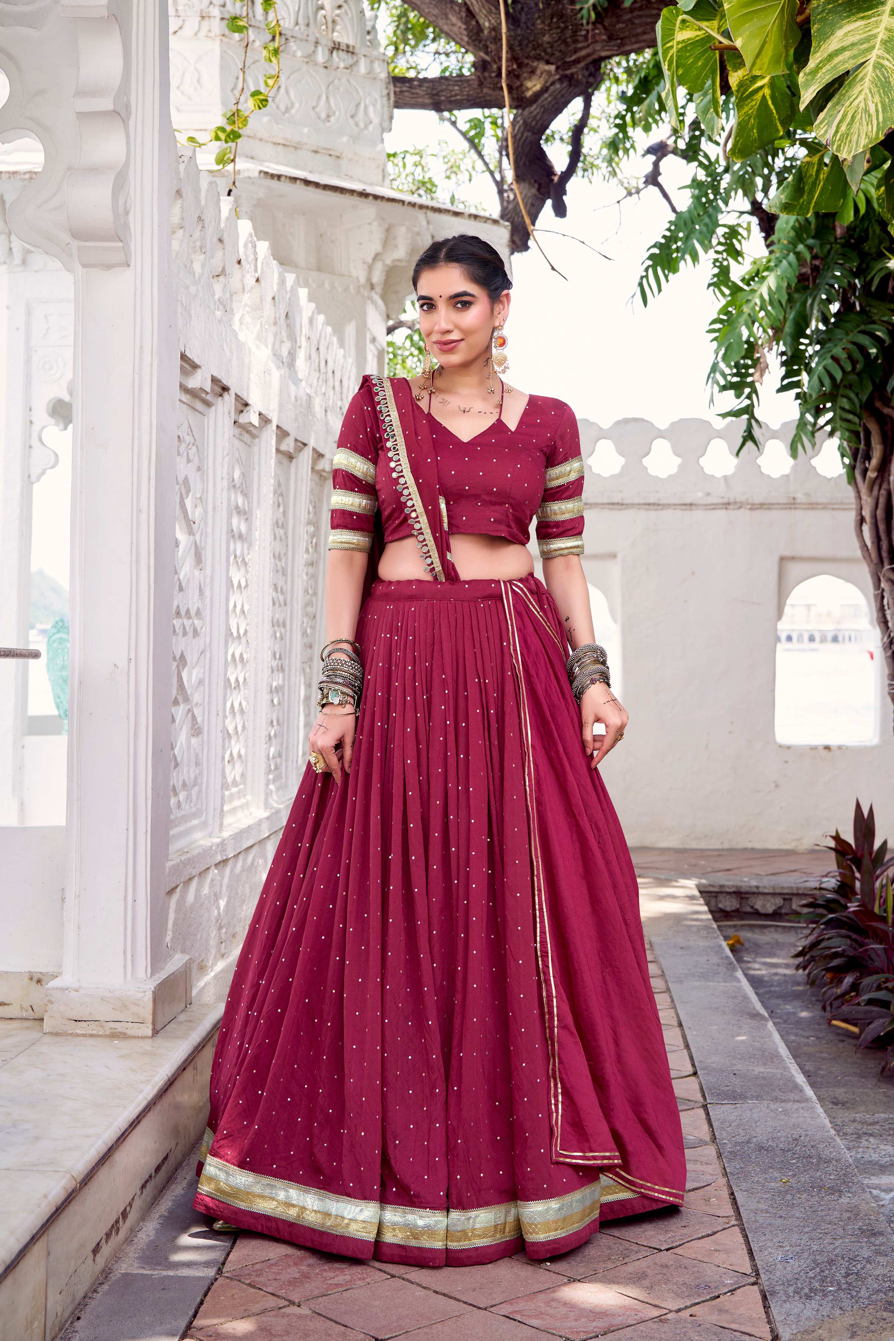 Lorenvalley Fashion Maroon Pure Chanderi Zari Weaving Work With Embossed Design Lace Touch Up Lehenga Choli with Dupatta
