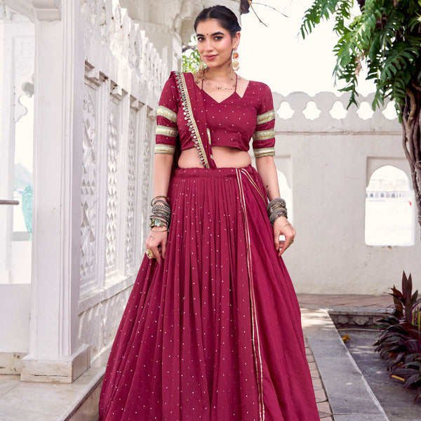 Lorenvalley Fashion Maroon Pure Chanderi Zari Weaving Work With Embossed Design Lace Touch Up Lehenga Choli with Dupatta - Distacart