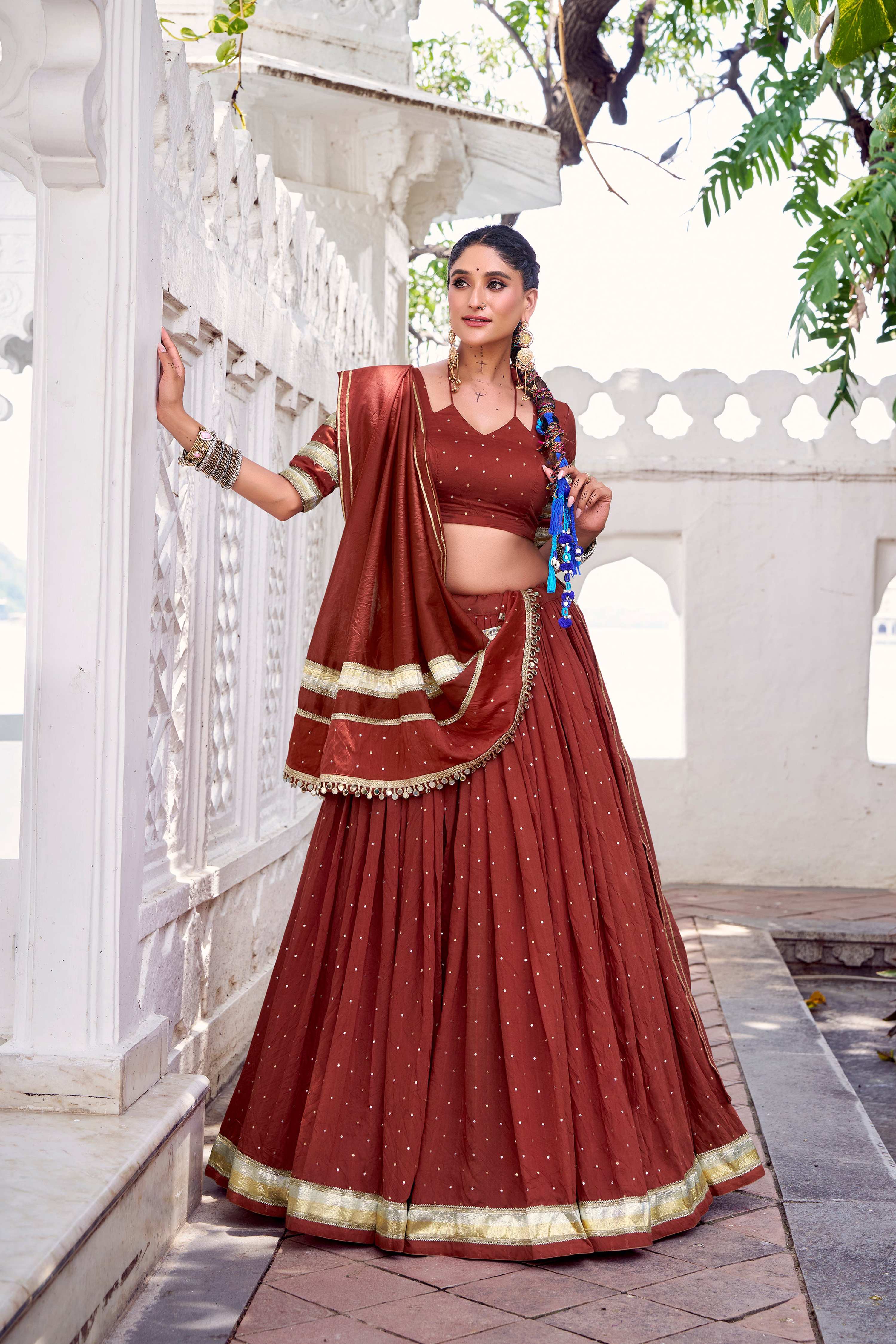Lorenvalley Fashion Rosegold Pure Chanderi Zari Weaving Work With Embossed Design Lace Touch Up Lehenga Choli with Dupatta - Distacart