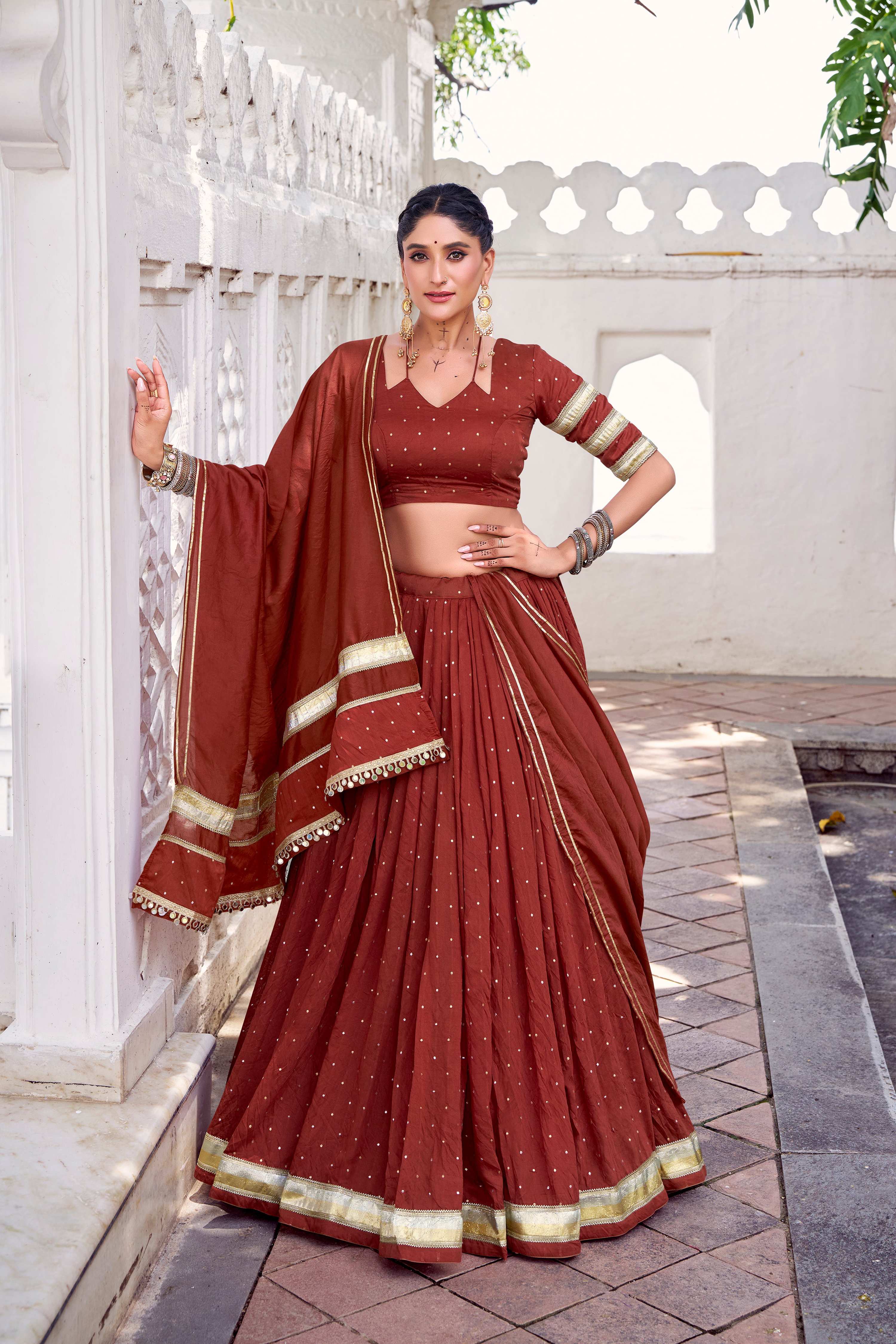 Lorenvalley Fashion Rosegold Pure Chanderi Zari Weaving Work With Embossed Design Lace Touch Up Lehenga Choli with Dupatta