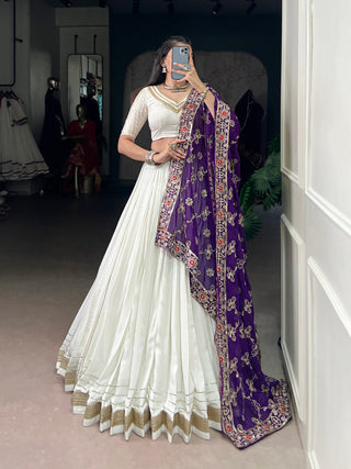 Lorenvalley Fashion White Pure Rayon Lace Touch Up Lehenga Choli with Dupatta