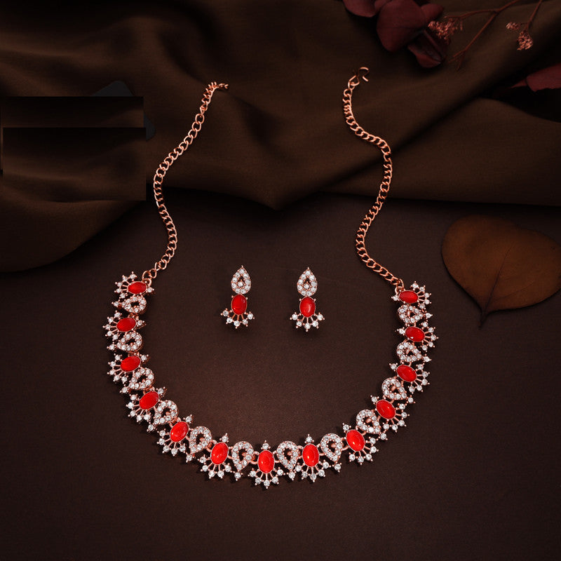 Tehzeeb Creations Red Colour Ad Studded Necklace Jewellery Set With Matching Earrings For Women And Girls - Distacart