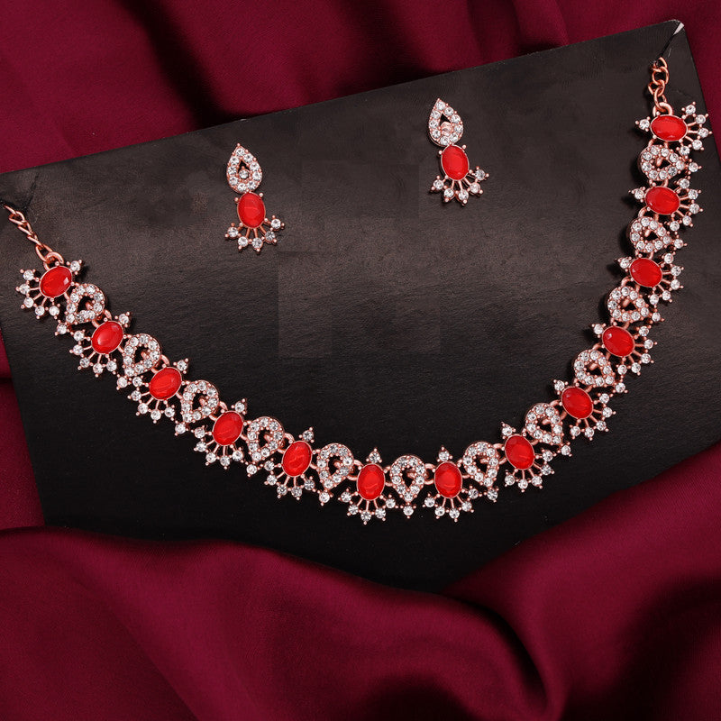 Tehzeeb Creations Red Colour Ad Studded Necklace Jewellery Set With Matching Earrings For Women And Girls - Distacart