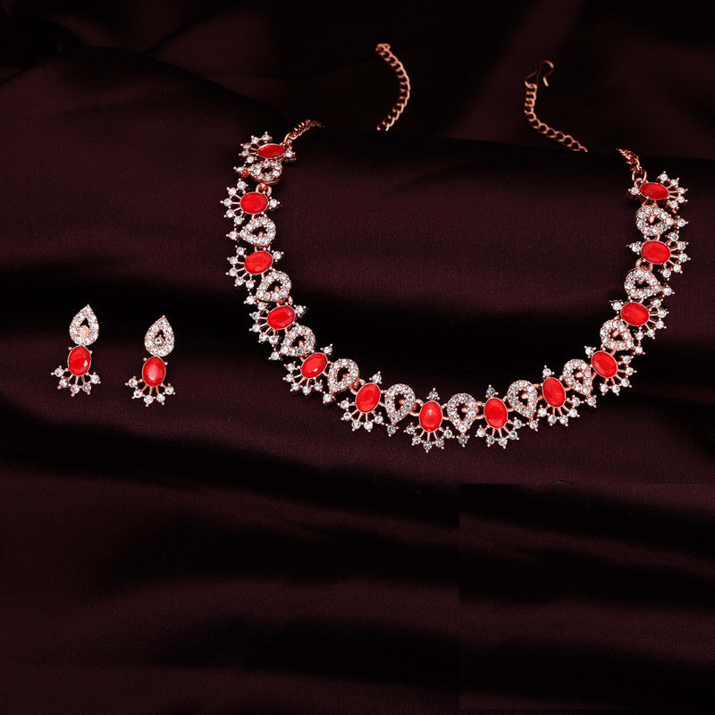 Tehzeeb Creations Red Colour Ad Studded Necklace Jewellery Set With Matching Earrings For Women And Girls - Distacart