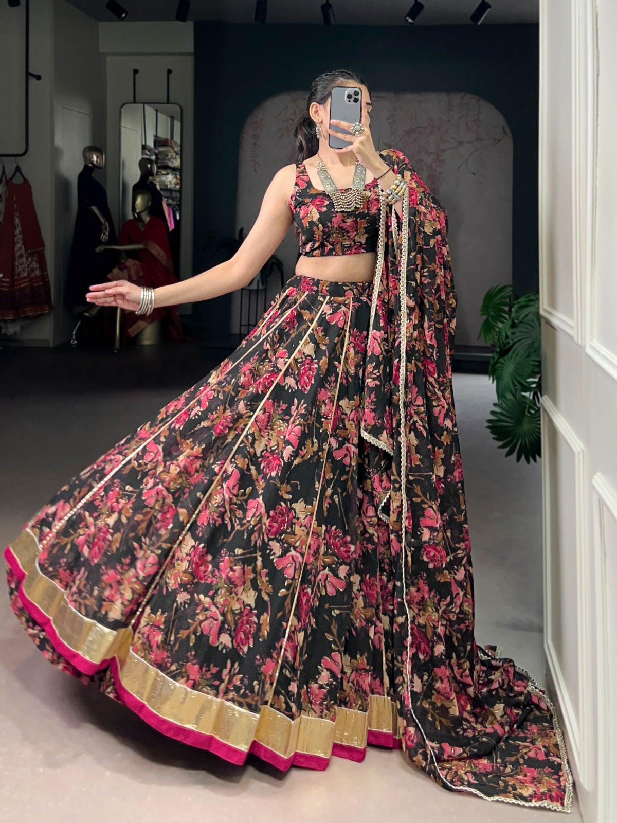 Lorenvalley Fashion Black Chiffon Floral Print and Foil Print with Embossed Design with Gotta Patti Lace Touch Up Lehenga Choli with Dupatta