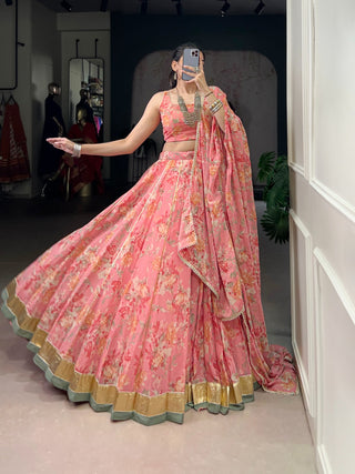 Lorenvalley Fashion Peach Chiffon Floral Print and Foil Print with Embossed Design with Gotta Patti Lace Touch Up Lehenga Choli with Dupatta