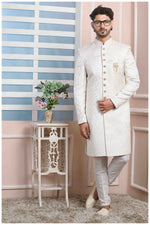 Thumbnail for Raivat Ethnic Jacquard Silk Thread Work Indo Western In Cream Colour - Distacart