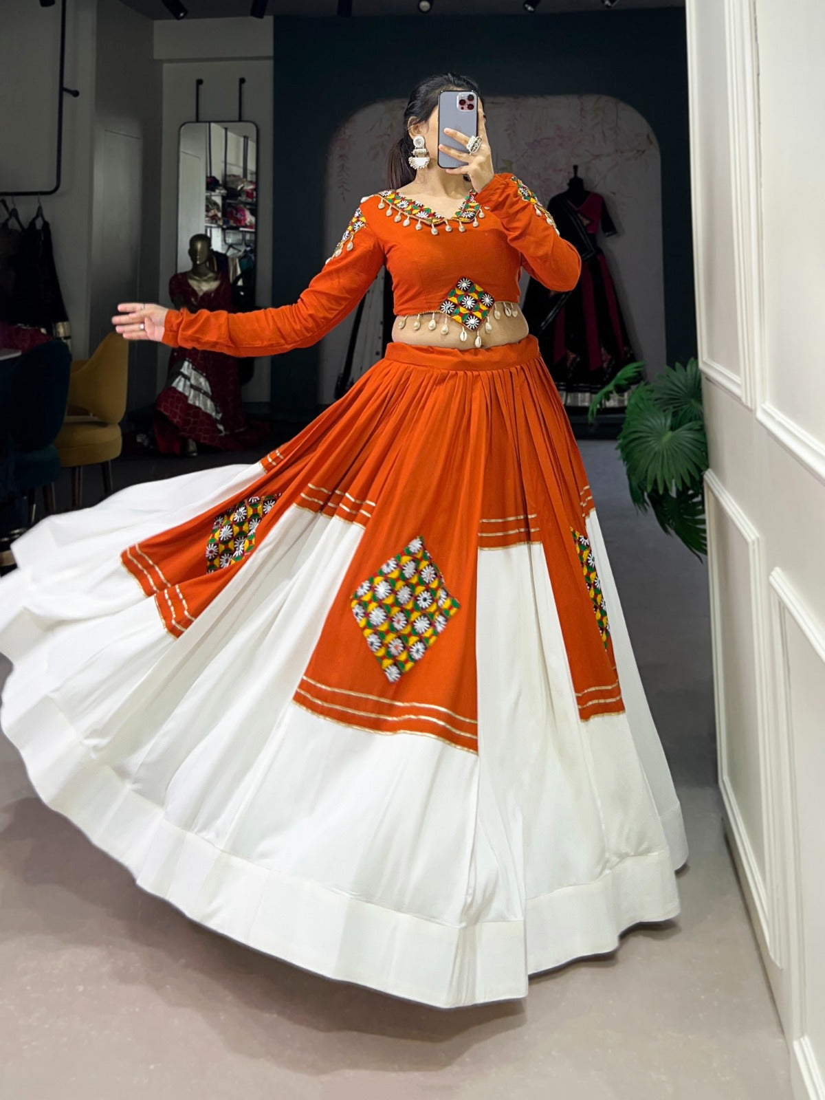 Lorenvalley Fashion Orange Pure Rayon Plain And Gamthi Patch Work With Gota Patti Touch Up Lehenga Choli - Distacart