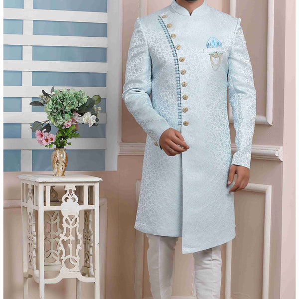 Raivat Ethnic Jacquard Silk Thread Work Indo Western In Sky Blue Colour - Distacart