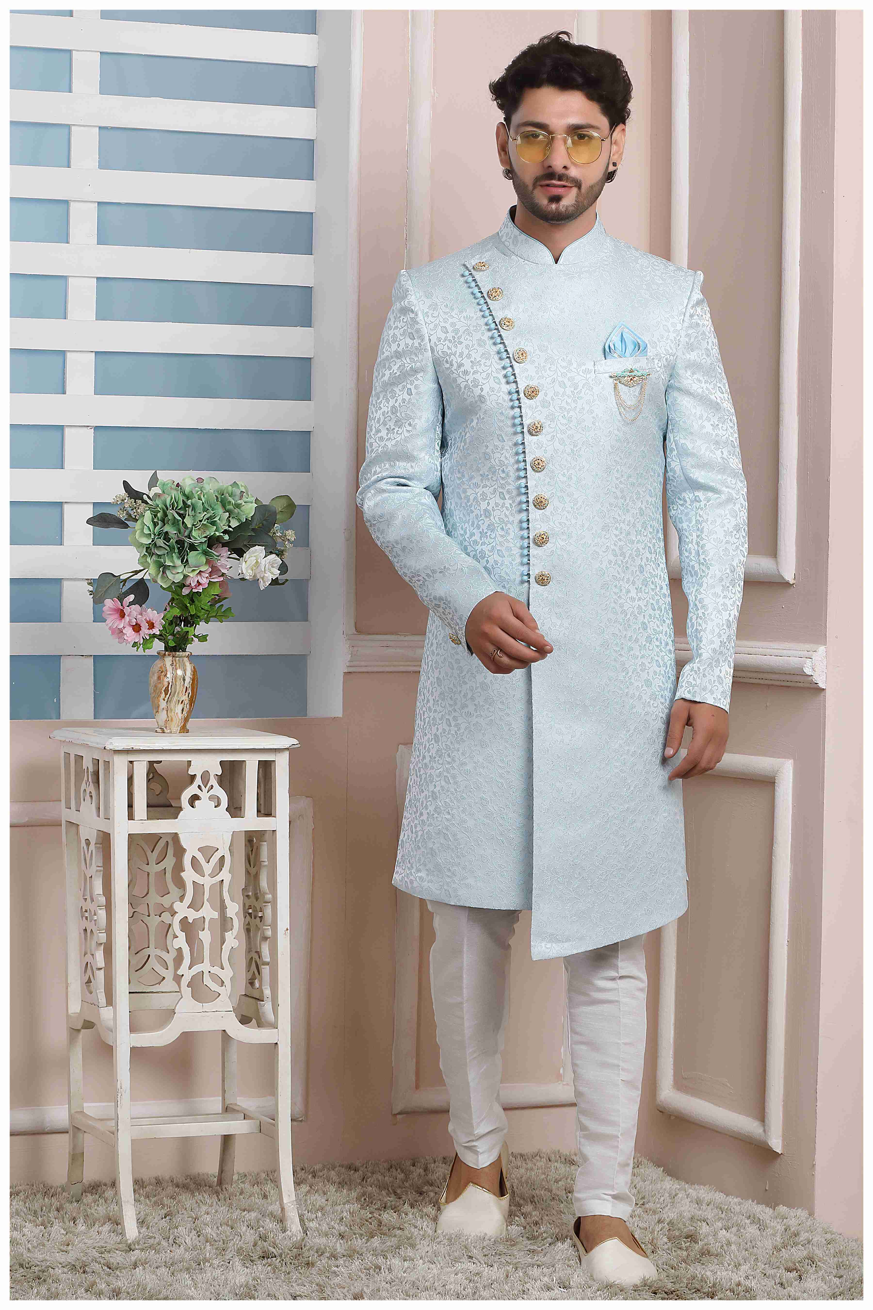 Raivat Ethnic Jacquard Silk Thread Work Indo Western In Sky Blue Colour - Distacart