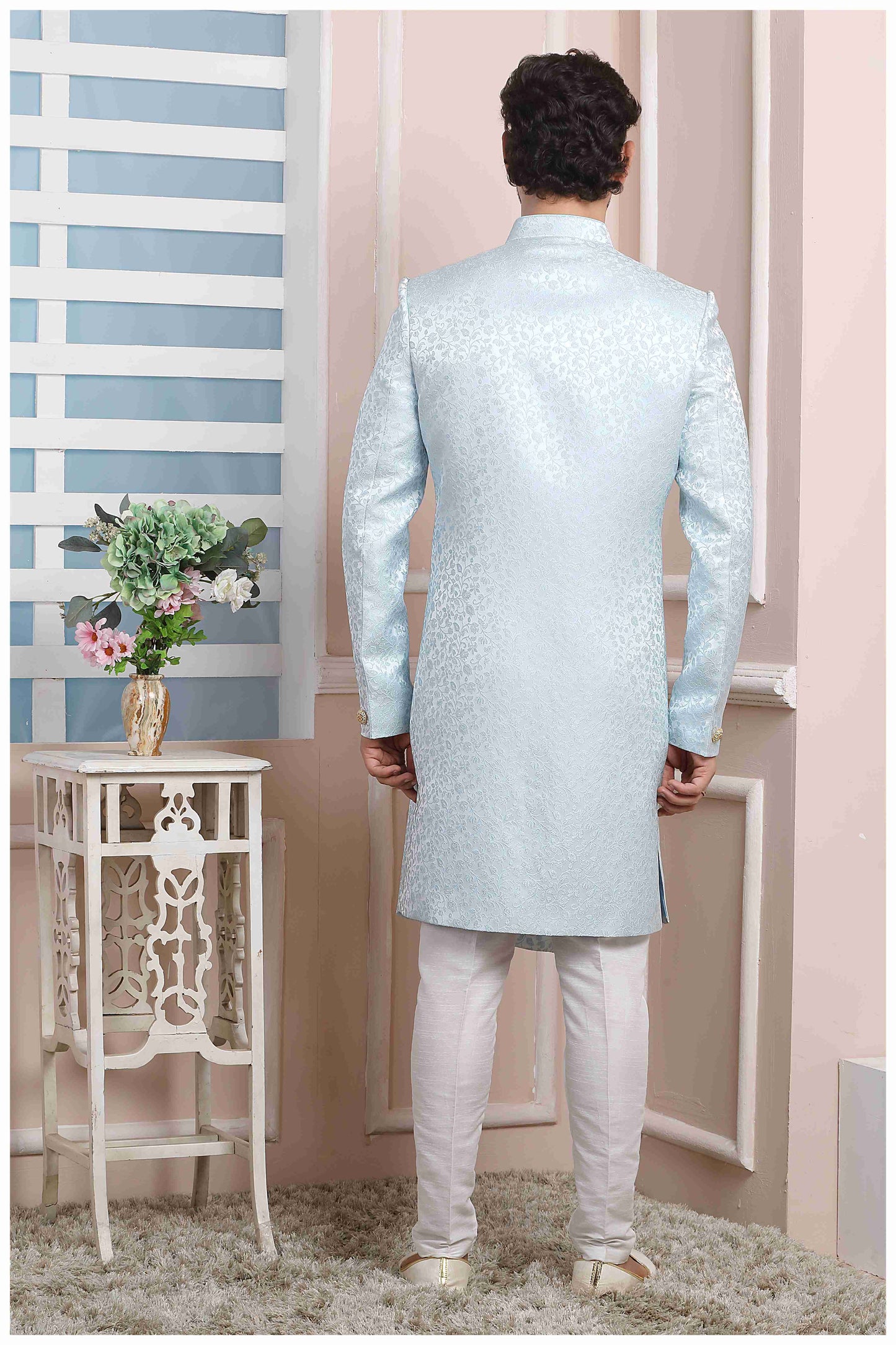 Raivat Ethnic Jacquard Silk Thread Work Indo Western In Sky Blue Colour - Distacart