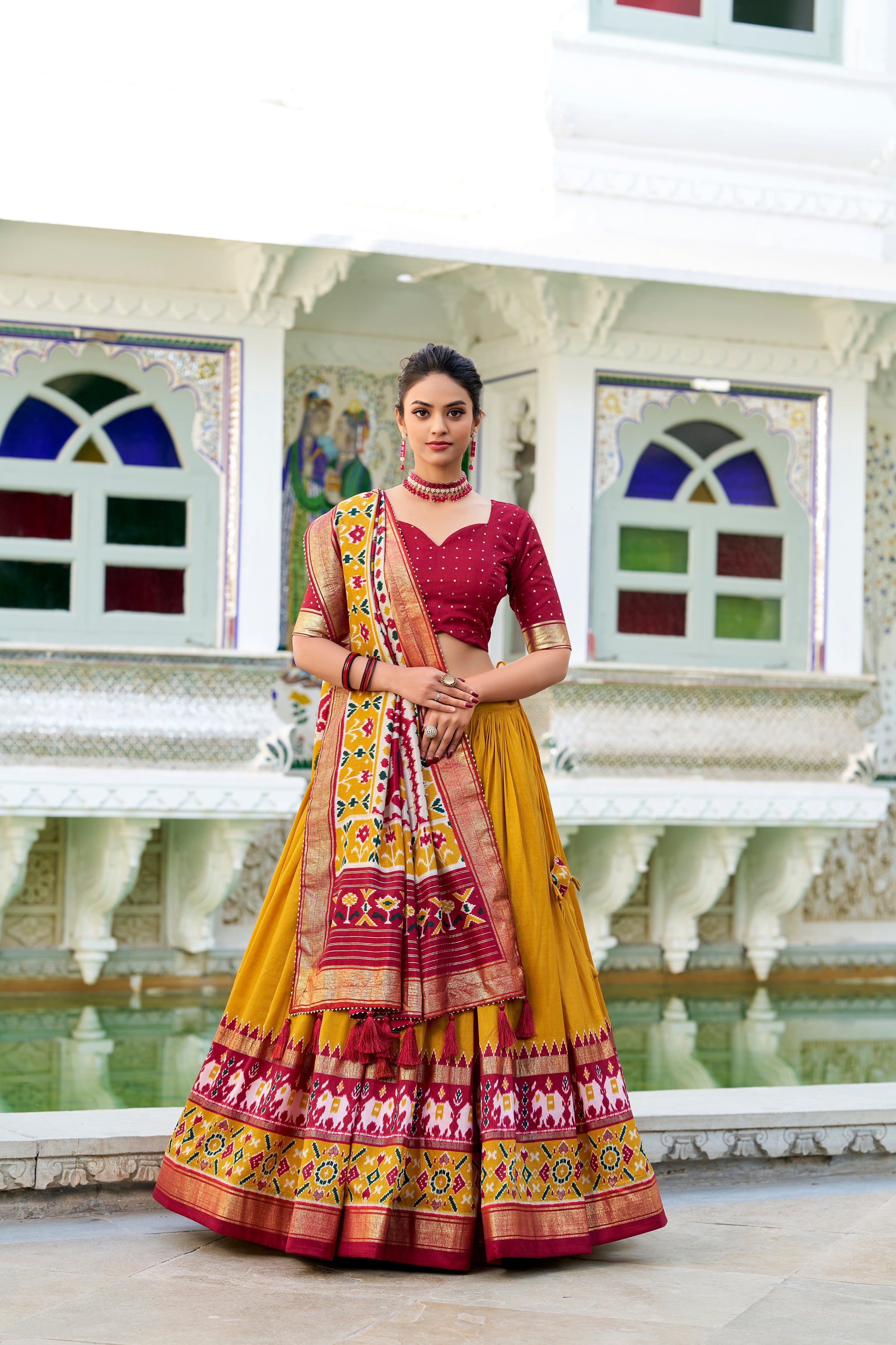 Lorenvalley Mustard Tussar Silk Patola Print With foil work Lehenga Choli - Distacart