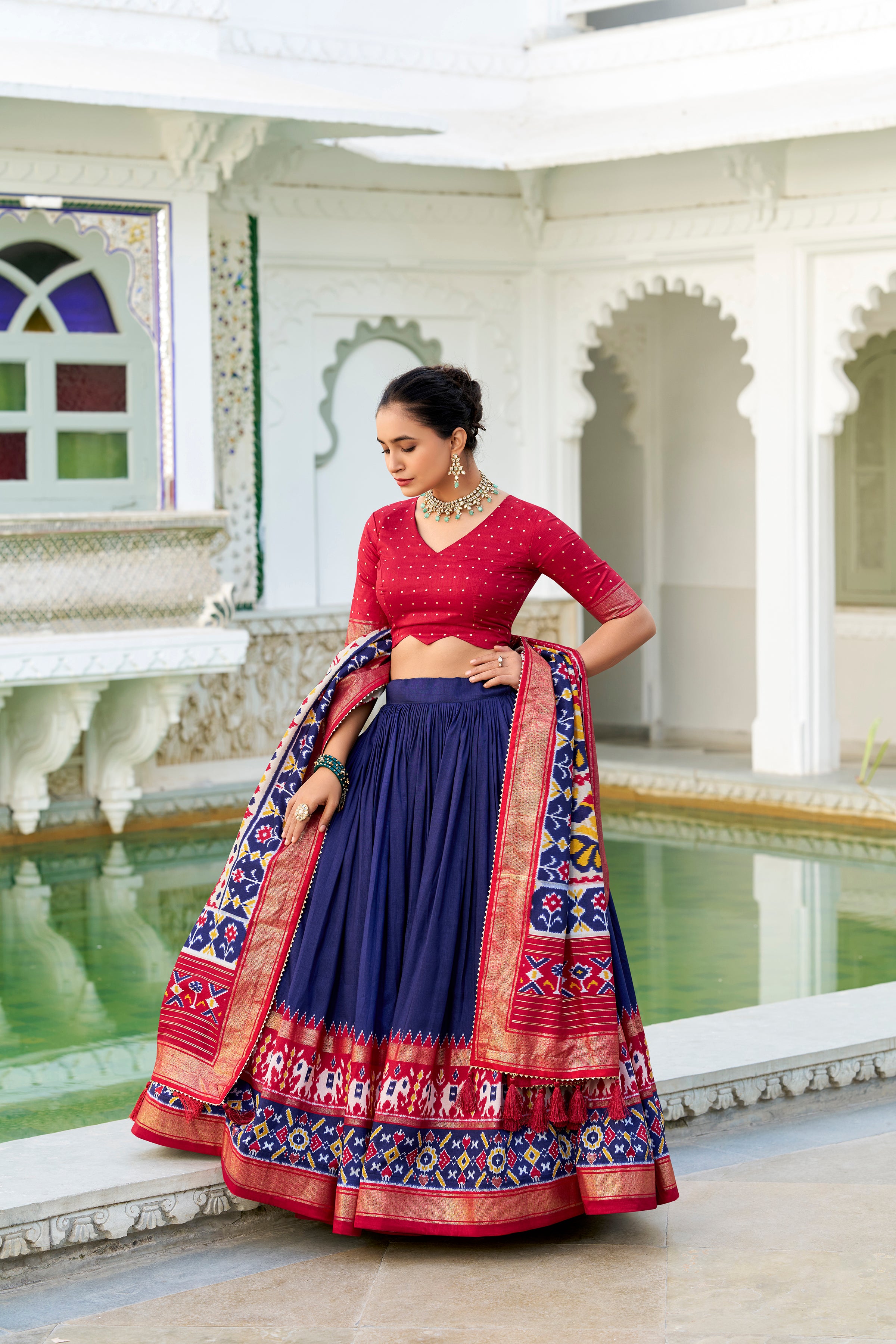 Lorenvalley Navyblue Tussar Silk Patola Print With foil work Lehenga Choli - Distacart