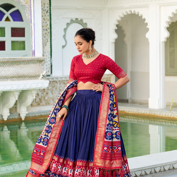 Lorenvalley Navyblue Tussar Silk Patola Print With foil work Lehenga Choli - Distacart