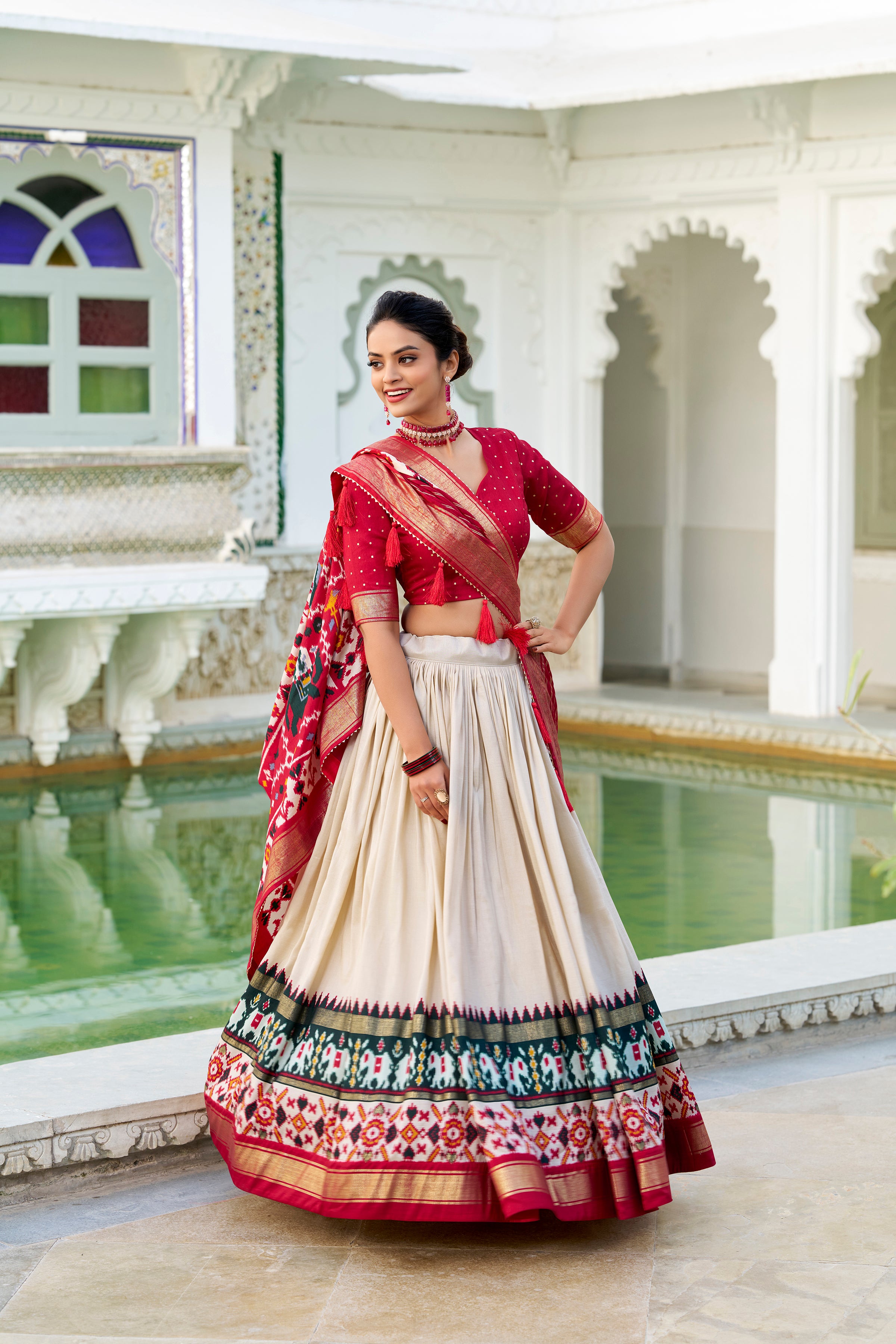Lorenvalley Offwhite Tussar Silk Patola Print With foil work Lehenga Choli - Distacart
