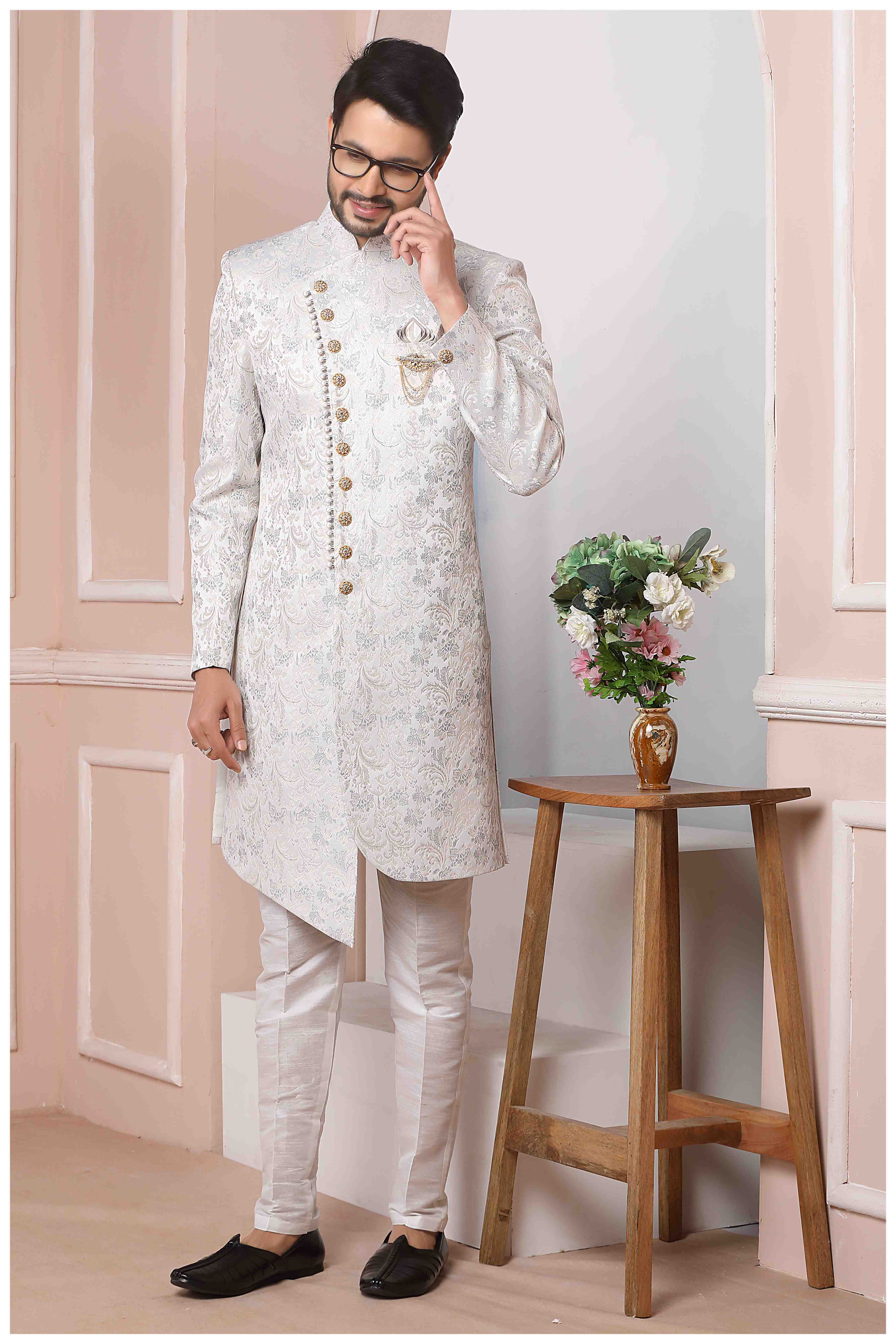 Raivat Ethnic Jacquard Silk Thread Work Indo Western In Light Grey Colour - Distacart