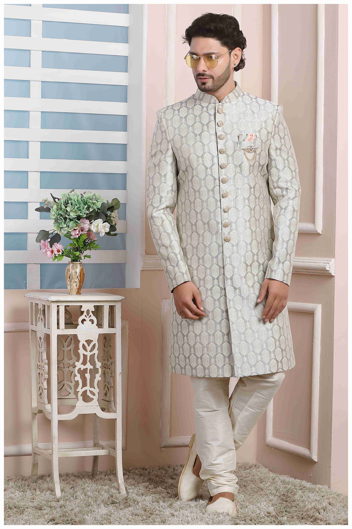 Raivat Ethnic Jacquard Silk Thread Work Indo Western In Grey Colour - Distacart